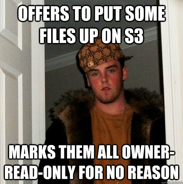 offers to put some files up on s3 marks them all owner-read-only for no reason  Scumbag Steve