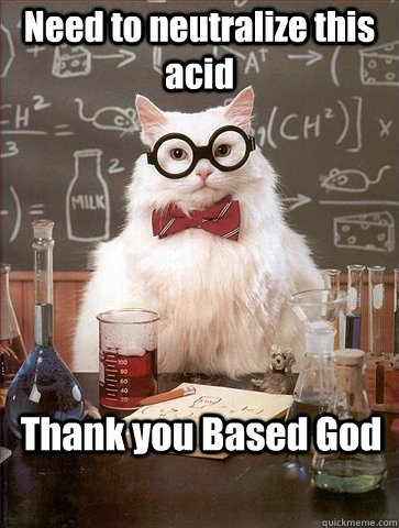 Need to neutralize this acid Thank you Based God  Chemistry Cat