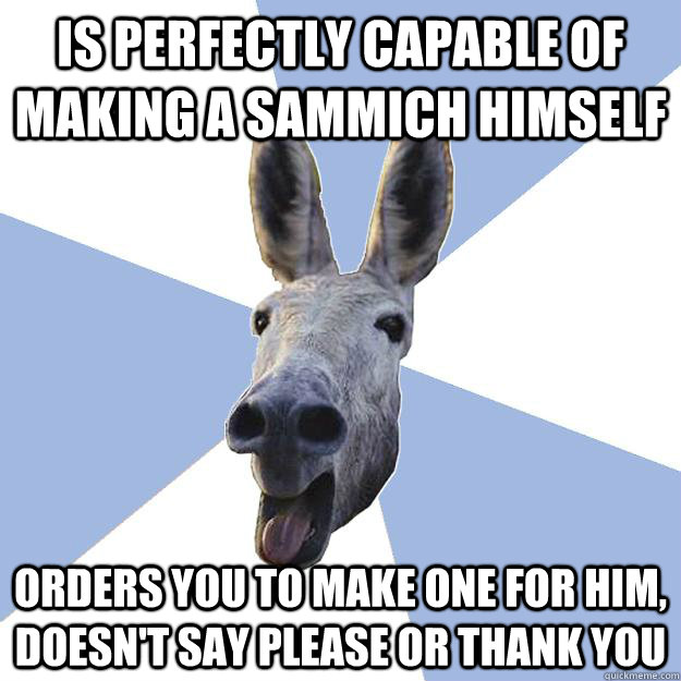 is perfectly capable of making a sammich himself orders you to make one for him, doesn't say please or thank you  Jackass Boyfriend