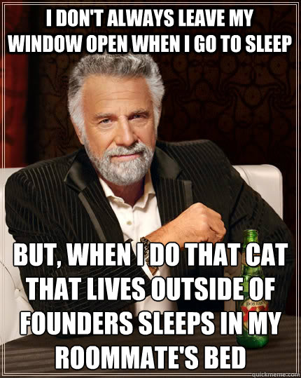 I don't always leave my window open when I go to sleep But, when I do that cat that lives outside of founders sleeps in my roommate's bed  The Most Interesting Man In The World