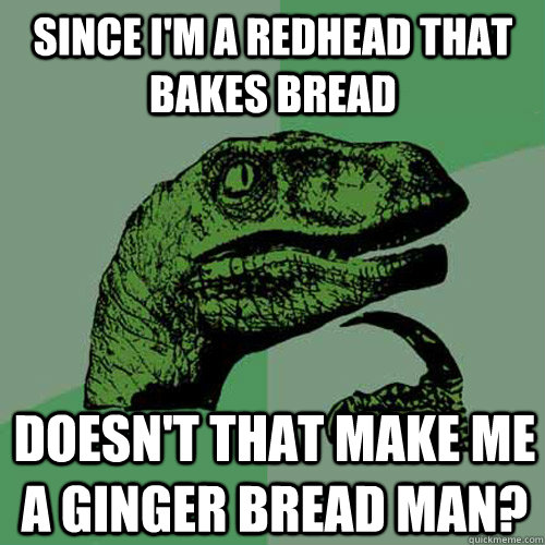 since i'm a redhead that bakes bread  doesn't that make me a ginger bread man?  Philosoraptor