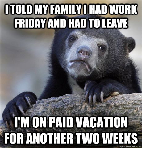 I told my family i had work friday and had to leave I'm on paid vacation for another two weeks  Confession Bear