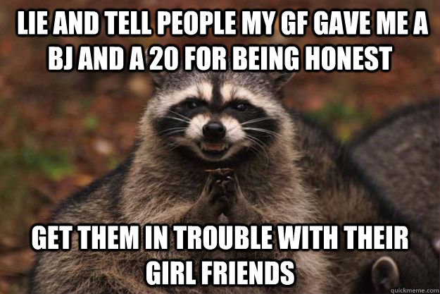  lie and Tell people my gf gave me a bj and a 20 for being honest get them in trouble with their girl friends   Evil Plotting Raccoon