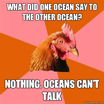 What Did One Ocean Say To The Other Ocean?
 nothing. oceans can't talk  Anti-Joke Chicken