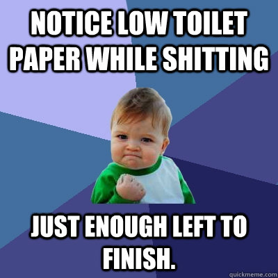 Notice low toilet paper while shitting Just enough left to finish.  Success Kid