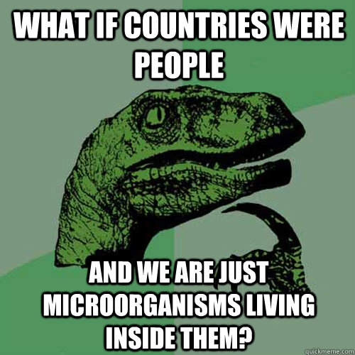 What if countries were people and we are just microorganisms living inside them?  Philosoraptor