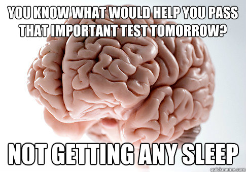 YOU KNOW WHAT WOULD HELP YOU PASS THAT IMPORTANT TEST TOMORROW? NOT GETTING ANY SLEEP  Scumbag Brain