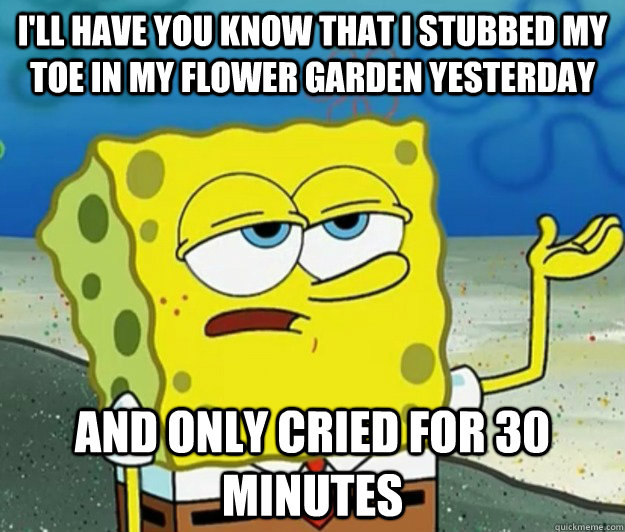 I'll have you know that I stubbed my toe in my flower garden yesterday And only cried for 30 minutes  Tough Spongebob