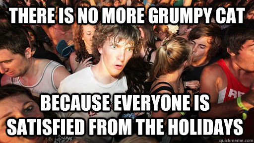 There is no more grumpy cat because everyone is satisfied from the holidays  Sudden Clarity Clarence