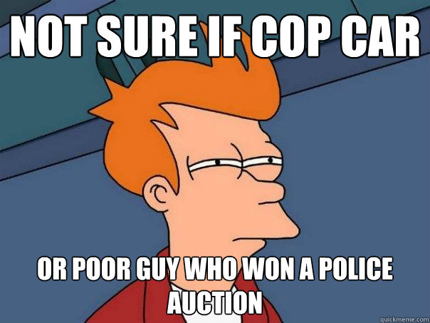 Not sure if cop car or poor guy who won a police auction  Futurama Fry