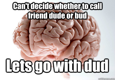 Can't decide whether to call friend dude or bud Lets go with dud  Scumbag Brain