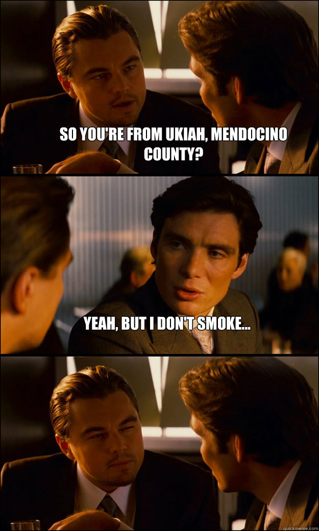 So you're from Ukiah, Mendocino County? Yeah, but I don't smoke...  - So you're from Ukiah, Mendocino County? Yeah, but I don't smoke...   Inception