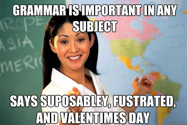 Grammar is important in any subject says suposabley, fustrated, and valentimes day  Unhelpful High School Teacher