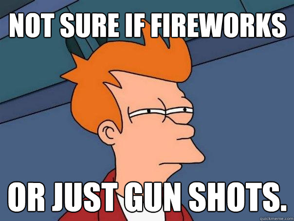 not sure if fireworks or just gun shots.  Futurama Fry