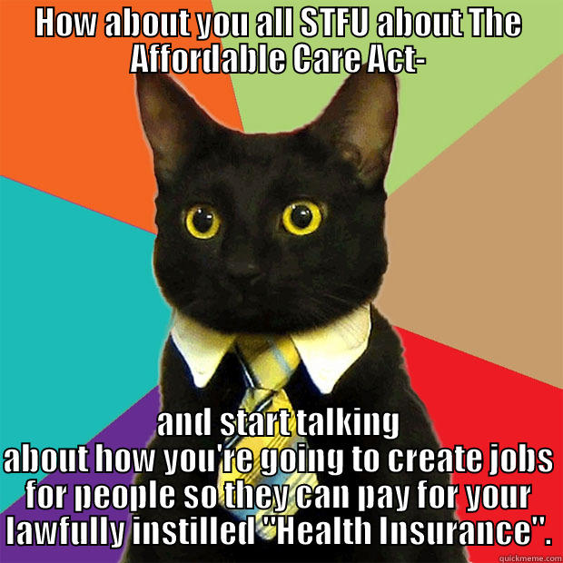 HOW ABOUT YOU ALL STFU ABOUT THE AFFORDABLE CARE ACT- AND START TALKING ABOUT HOW YOU'RE GOING TO CREATE JOBS FOR PEOPLE SO THEY CAN PAY FOR YOUR LAWFULLY INSTILLED 