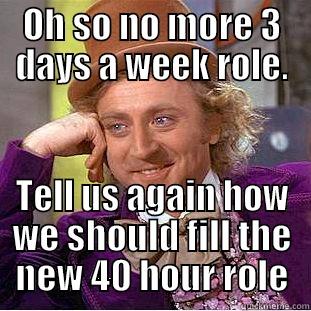 OH SO NO MORE 3 DAYS A WEEK ROLE. TELL US AGAIN HOW WE SHOULD FILL THE NEW 40 HOUR ROLE Creepy Wonka