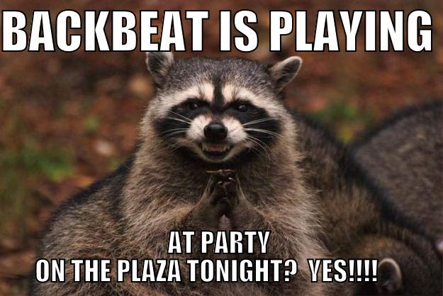 BACKBEAT IS PLAYING  AT PARTY ON THE PLAZA TONIGHT?  YES!!!!      Evil Plotting Raccoon