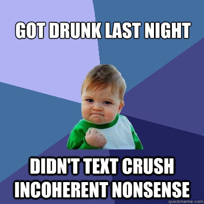 Got drunk last night Didn't text crush incoherent nonsense - Got drunk last night Didn't text crush incoherent nonsense  Success Kid