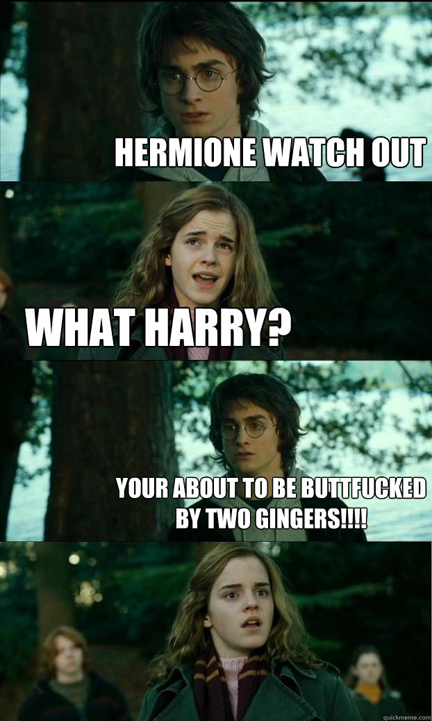 hermione watch out what harry? your about to be buttfucked by two gingers!!!!  Horny Harry