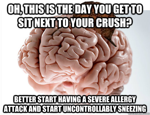 Oh, this is the day you get to sit next to your crush? better start having a severe allergy attack and start uncontrollably sneezing  