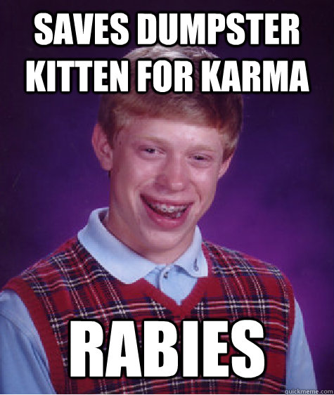 Saves Dumpster kitten for Karma rabies  Bad Luck Brian