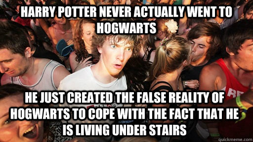 Harry Potter never actually went to hogwarts He just created the false reality of hogwarts to cope with the fact that he is living under stairs - Harry Potter never actually went to hogwarts He just created the false reality of hogwarts to cope with the fact that he is living under stairs  Sudden Clarity Clarence