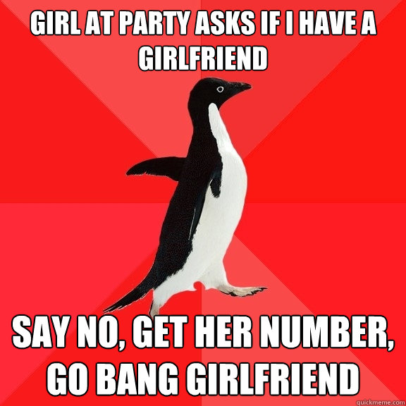 Girl at party asks if I have a girlfriend Say no, get her number, go bang girlfriend  Socially Awesome Penguin