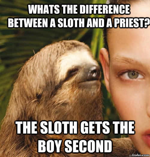 whats the difference between a sloth and a priest? the sloth gets the boy second  rape sloth