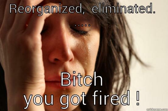 REORGANIZED,  ELIMINATED. ..... BITCH YOU GOT FIRED ! First World Problems