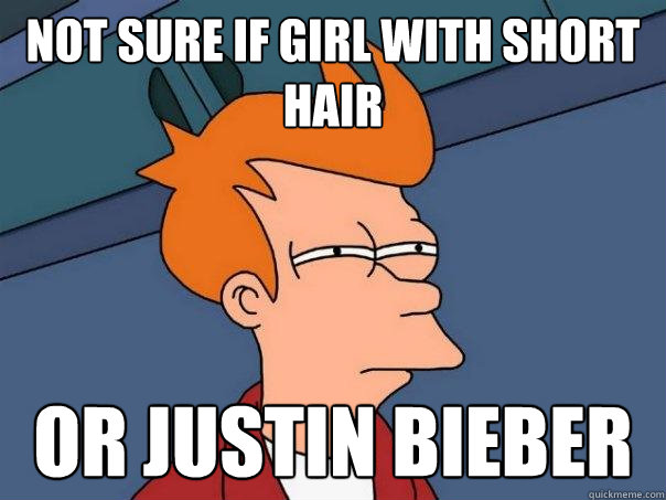 not sure if girl with short hair Or justin bieber  Futurama Fry