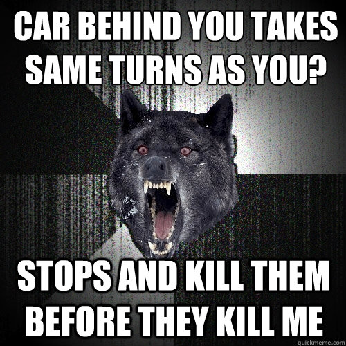 Car behind you takes same turns as you? Stops and kill them before they kill me  Insanity Wolf