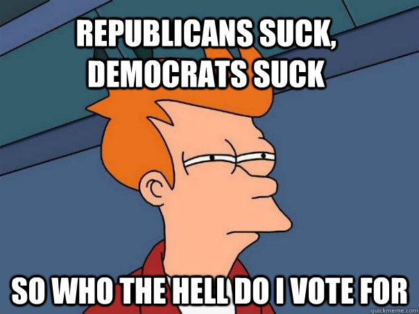 Republicans suck, democrats suck so who the hell do i vote for  Futurama Fry