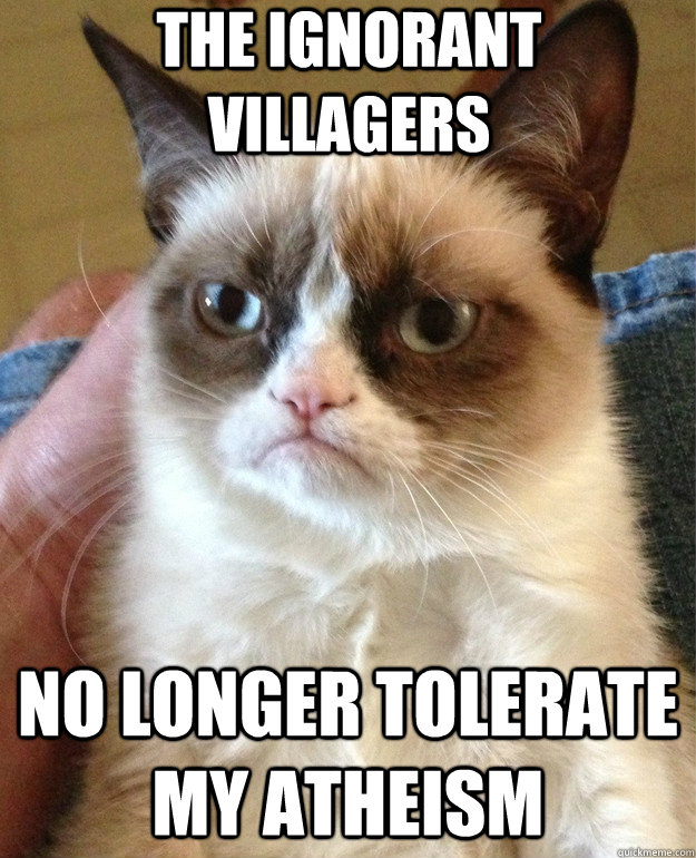 the ignorant villagers no longer tolerate my atheism  Grumpy Cat