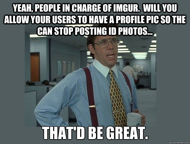 Yeah, people in charge of Imgur.  Will you allow your users to have a profile pic so the can stop posting ID photos... That'd be great.  Office Space Lumbergh