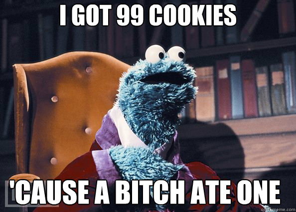 I Got 99 cookies 'Cause a bitch ate one  Cookie Monster