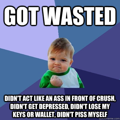 Got wasted Didn't act like an ass in front of crush, didn't get depressed, didn't lose my keys or wallet, didn't piss myself  Success Kid