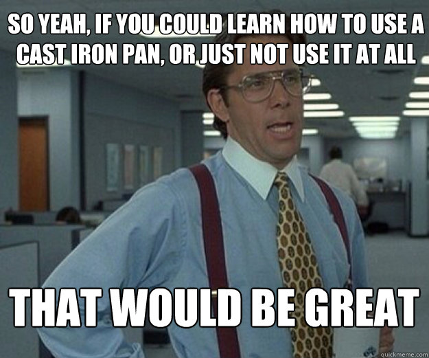 So Yeah, if you could learn how to use a cast iron pan, or just not use it at all THAT WOULD BE GREAT  that would be great