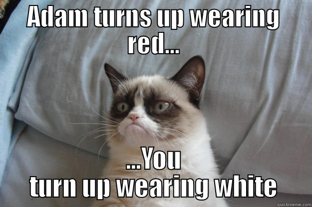 ADAM TURNS UP WEARING RED... ...YOU TURN UP WEARING WHITE Grumpy Cat