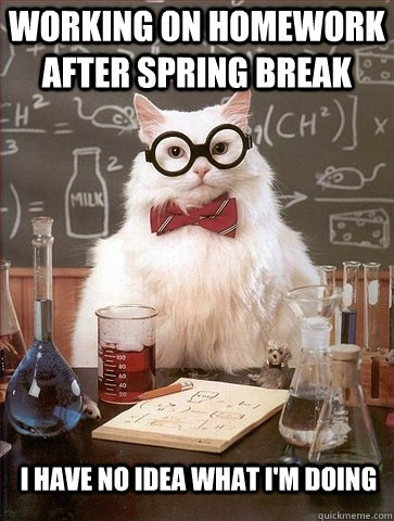 Working on Homework after spring break I have no idea what I'm doing  Chemistry Cat