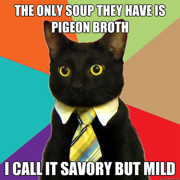 the only soup they have is pigeon broth i call it savory but mild  Business Cat