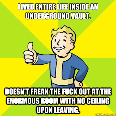 Lived entire life inside an underground vault. Doesn't freak the fuck out at the enormous room with no ceiling upon leaving.  Fallout new vegas