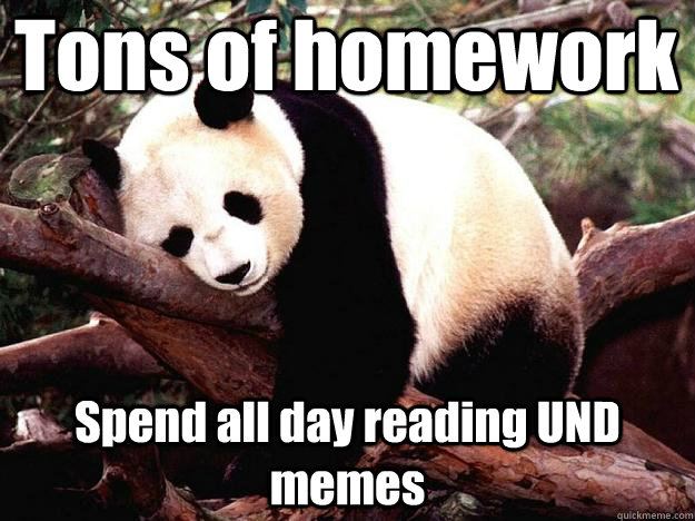 Tons of homework Spend all day reading UND memes  Procrastination Panda