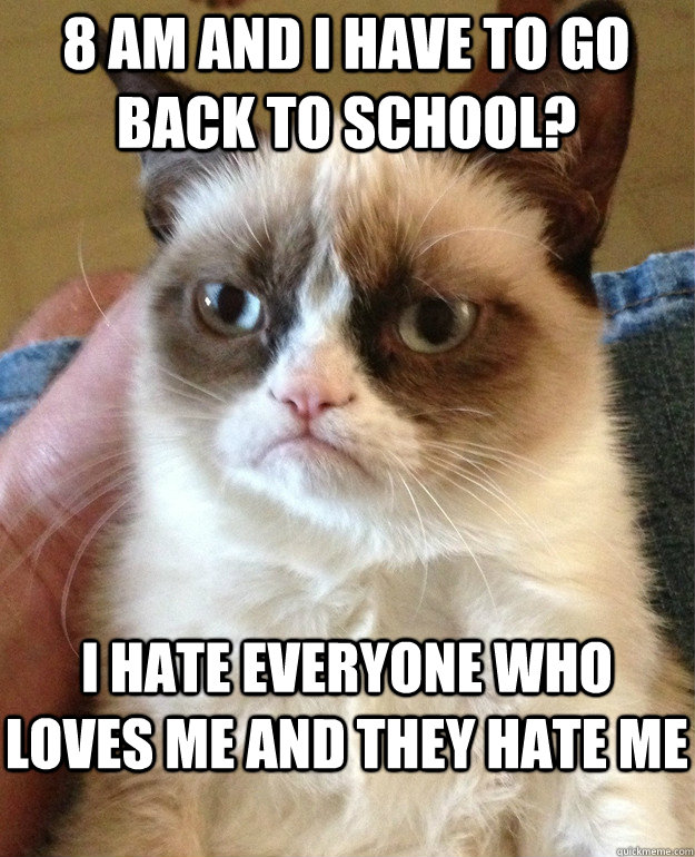 8 AM and I have to go back to school? I hate everyone who loves me and they hate me  Grumpy Cat