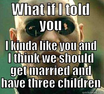 WHAT IF I TOLD YOU I KINDA LIKE YOU AND I THINK WE SHOULD GET MARRIED AND HAVE THREE CHILDREN Matrix Morpheus