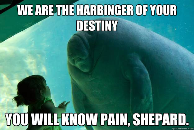 We are the Harbinger of your destiny You will know pain, Shepard.  Overlord Manatee