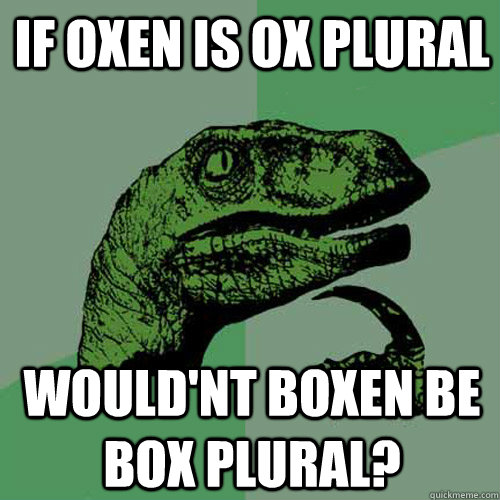 If oxen is ox plural would'nt boxen be box plural? - If oxen is ox plural would'nt boxen be box plural?  Philosoraptor