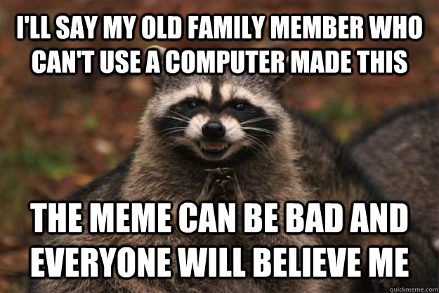 I'll say my old family member who can't use a computer made this The meme can be bad and everyone will believe me  Evil Plotting Raccoon