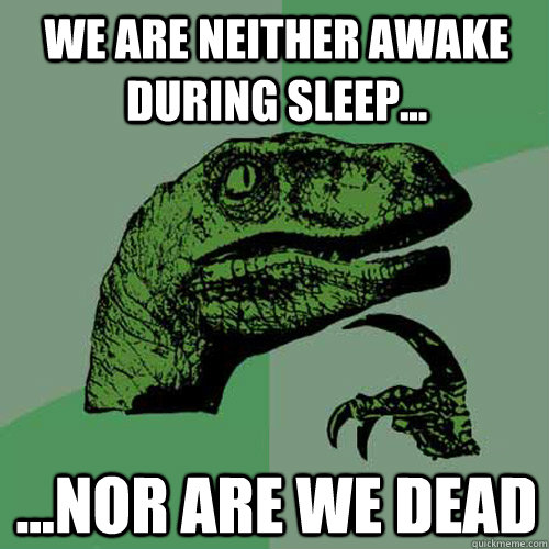 We are neither awake during sleep... ...nor are we dead - We are neither awake during sleep... ...nor are we dead  Philosoraptor