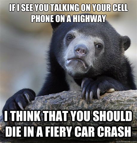 if i see you talking on your cell phone on a highway I think that you should die in a fiery car crash  Confession Bear