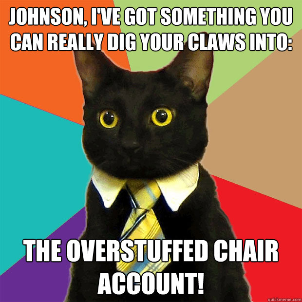 Johnson, I've got something you can really dig your claws into: The Overstuffed Chair account!  Business Cat